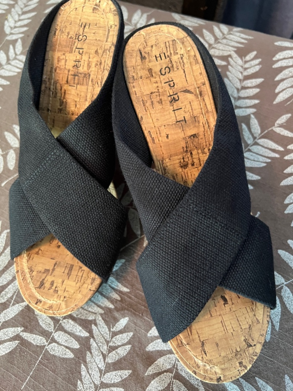 Esprit Black Crisscross Cork Slide Mules